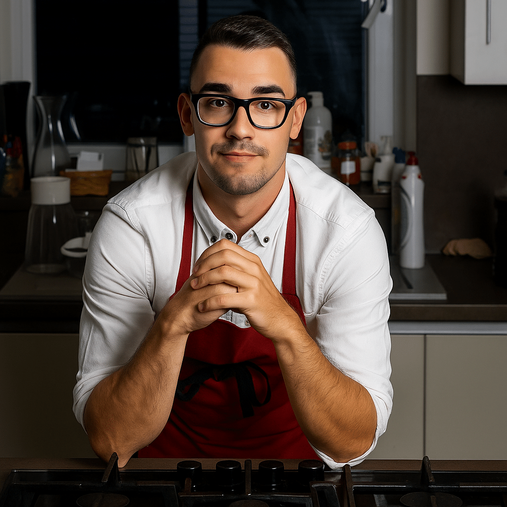 Young male chef in red apron smiling confidently in a modern home kitchen for Your Salad